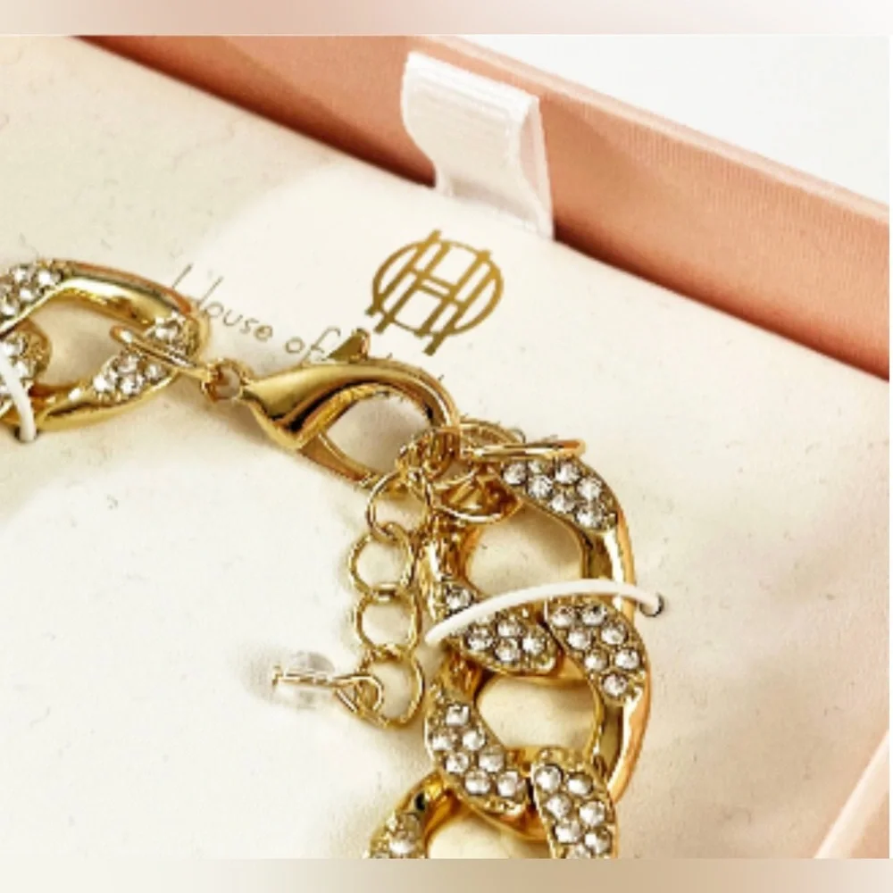 NEW House of Harlow 1960 Pave Glass Stones Crystal & Gold Link Chain Bracelet - Picture 5 of 6